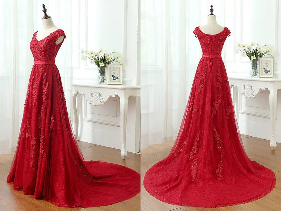 Anneprom A Line Red V Neck Long Lace Prom Dresses with Cap Sleeves APP0491