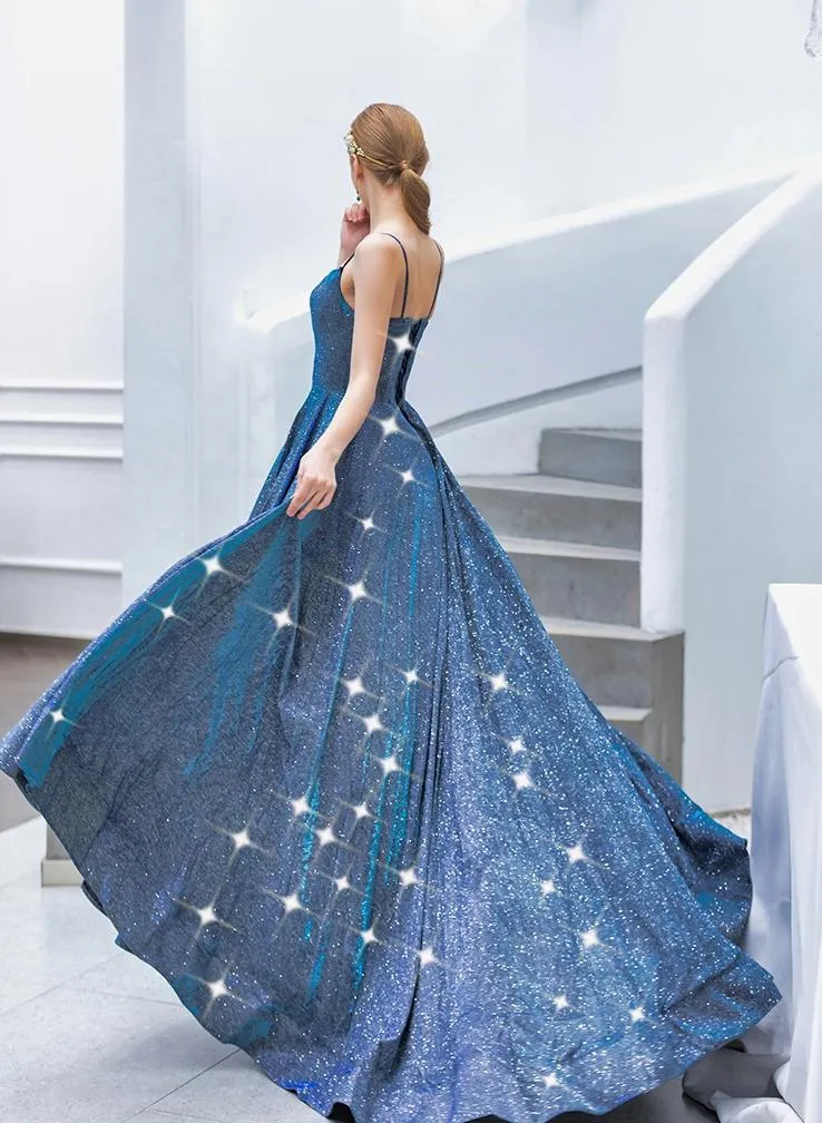Anneprom A-line Spaghetti Straps Blue Sparkly Long Prom Dresses Evening Gowns APP0464