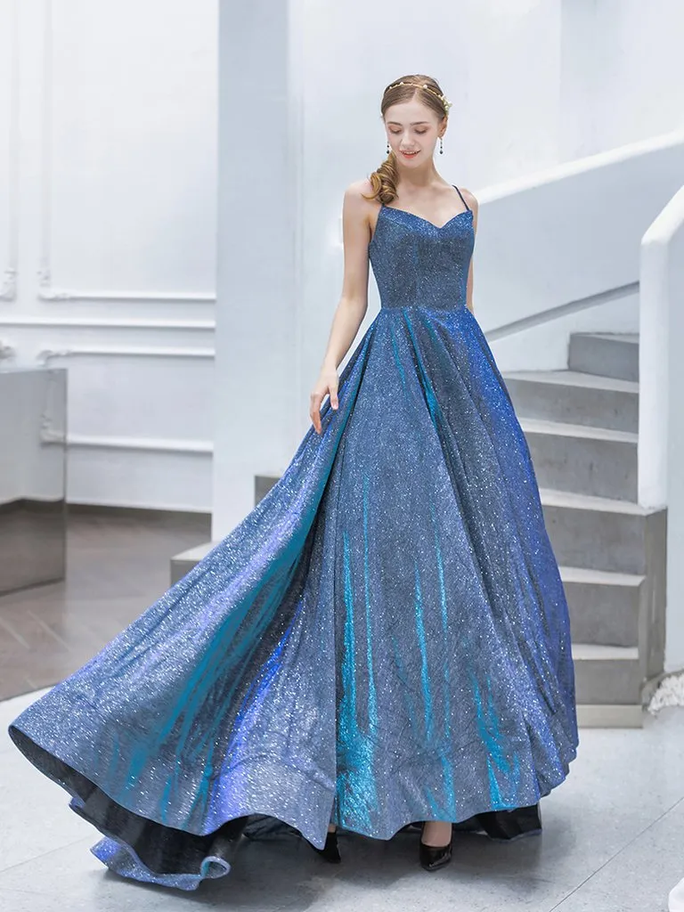 Anneprom A-line Spaghetti Straps Blue Sparkly Long Prom Dresses Evening Gowns APP0464