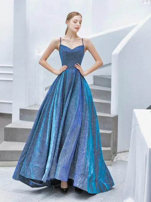 Anneprom A-line Spaghetti Straps Blue Sparkly Long Prom Dresses Evening Gowns APP0464