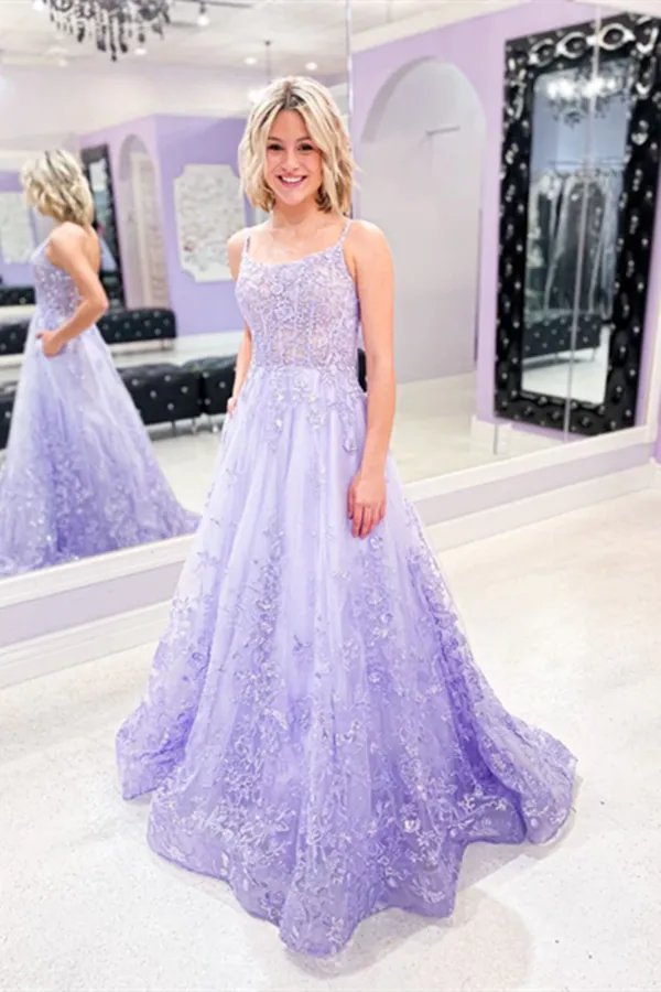 Anneprom A line Spaghetti Straps Lace Tulle Purple Long Prom Dress Applique Evening Dress APP0569