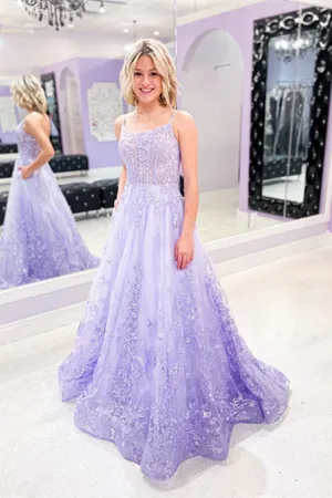 Anneprom A line Spaghetti Straps Lace Tulle Purple Long Prom Dress Applique Evening Dress APP0569