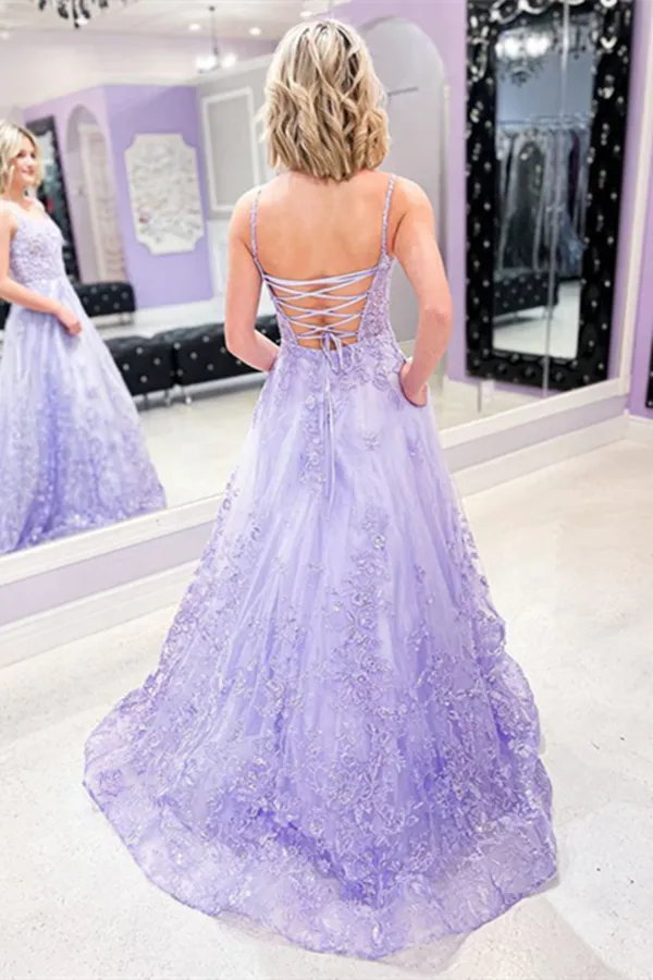 Anneprom A line Spaghetti Straps Lace Tulle Purple Long Prom Dress Applique Evening Dress APP0569