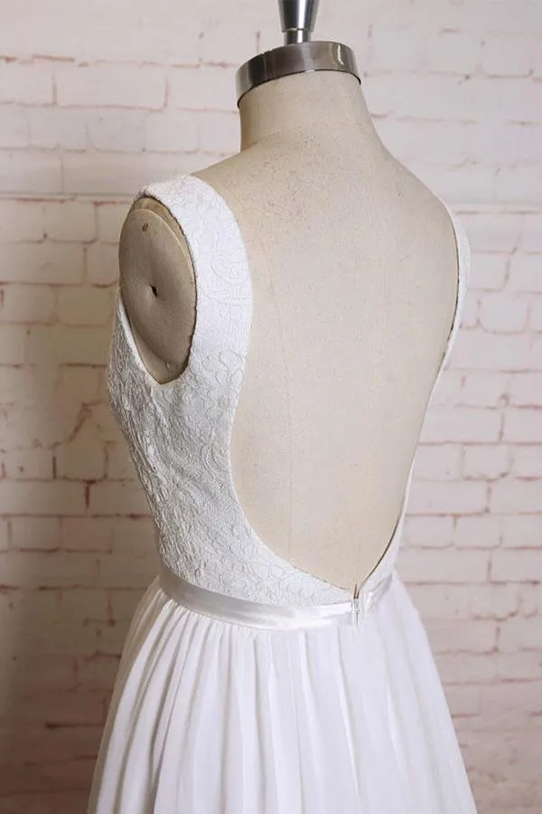Anneprom A-Line Straps Court Train Chiffon Appliques Backless Wedding Dresses APW0175