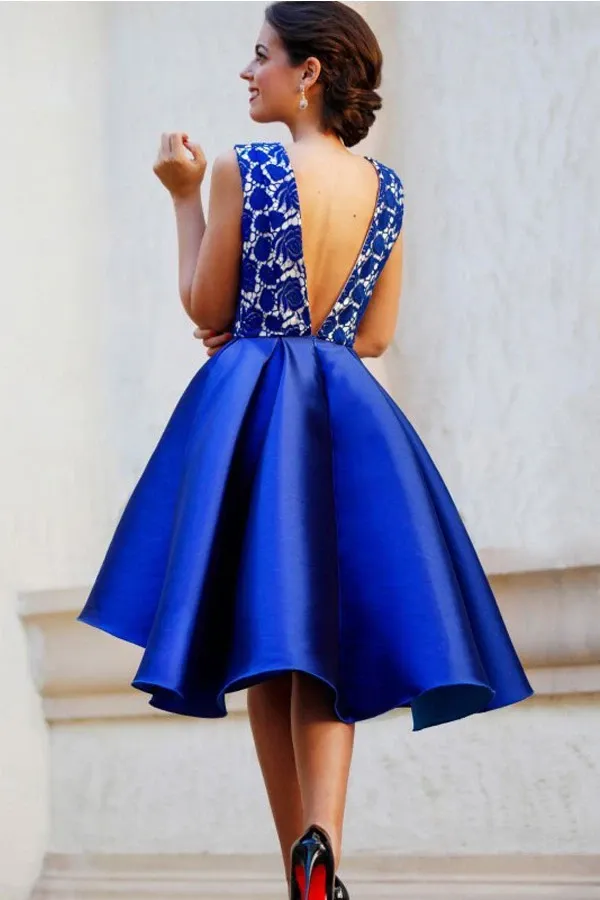 Anneprom A-Line V-Neck Backless Short Royal Blue Satin Homecoming Dress With Lace APP0147