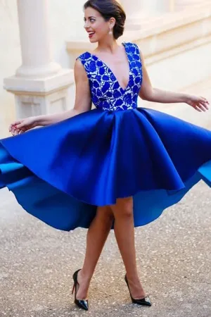 Anneprom A-Line V-Neck Backless Short Royal Blue Satin Homecoming Dress With Lace APP0147