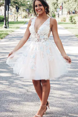 Anneprom A-line V neck Lace Applique Short Prom Dress Homecoming Dress APH0110