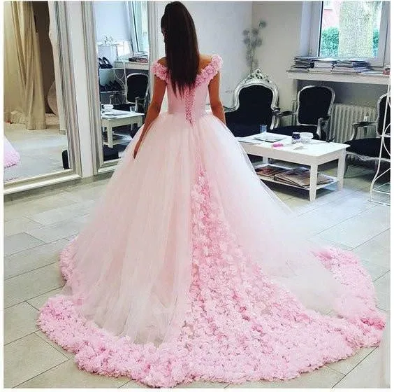 Anneprom Ball Gown Off shoulder Pink Tulle Flowers Wedding Dresses,Pink Quinceanera Dresses APW0150