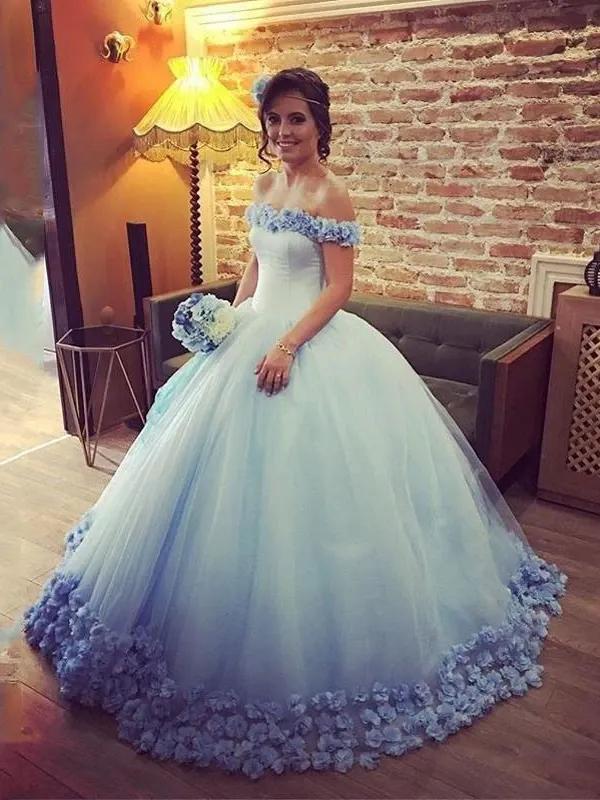Anneprom Ball Gown Off shoulder Pink Tulle Flowers Wedding Dresses,Pink Quinceanera Dresses APW0150