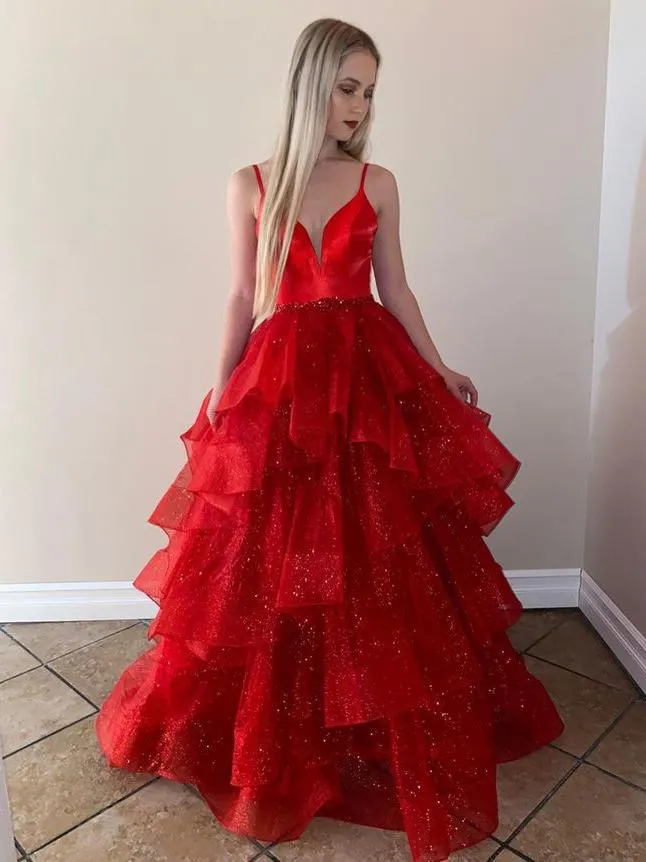 Anneprom Ball Gown Sequins Floor-Length Prom Dress Red Beautiful Prom Gown APW0358