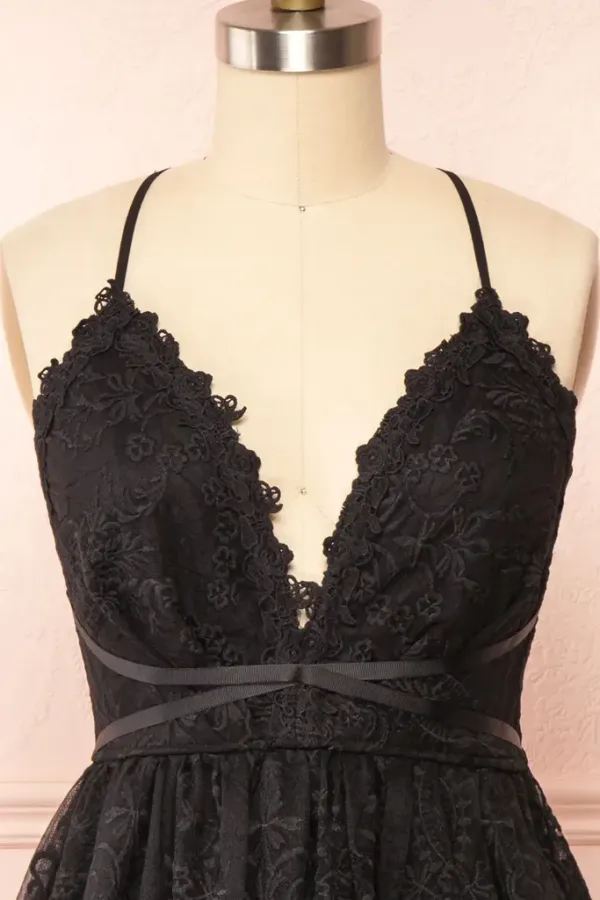 Anneprom Black Lace Straps A-line Short Party Dress Lace Homecoming Dresses APH0187