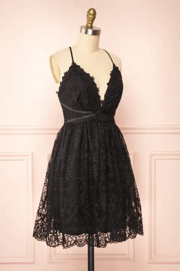 Anneprom Black Lace Straps A-line Short Party Dress Lace Homecoming Dresses APH0187