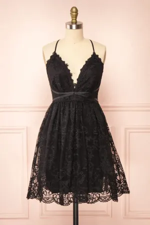Anneprom Black Lace Straps A-line Short Party Dress Lace Homecoming Dresses APH0187