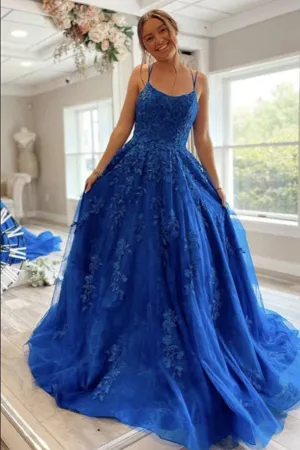 Anneprom Blue Tulle Lace A line Scoop Lace Up Long Prom Dresses, Evening Gown APP0585