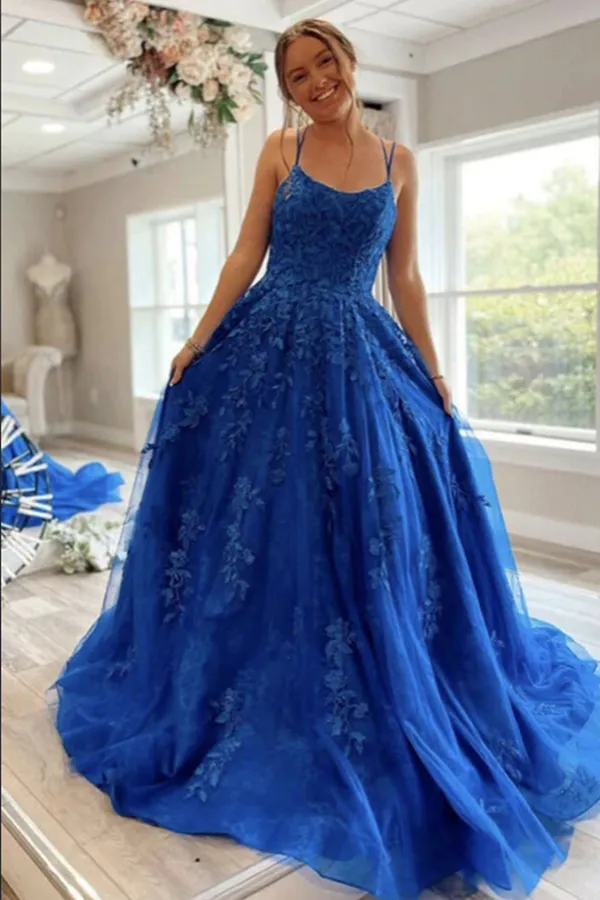 Anneprom Blue Tulle Lace A line Scoop Lace Up Long Prom Dresses, Evening Gown APP0585