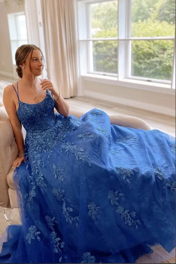 Anneprom Blue Tulle Lace A line Scoop Lace Up Long Prom Dresses, Evening Gown APP0585