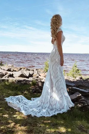 Anneprom Boho Lace Sheath Sweep Train Sheath Beach Wedding Dresses APW0403