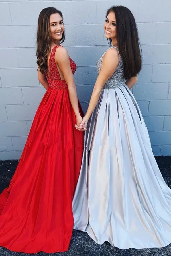 Anneprom Cheap A-line Deep V Neck Beading Backless Long Prom Dress With Pockets APP0358