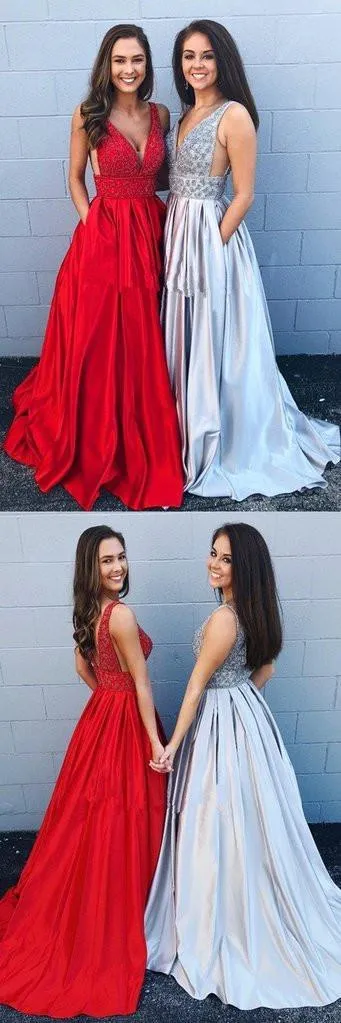 Anneprom Cheap A-line Deep V Neck Beading Backless Long Prom Dress With Pockets APP0358
