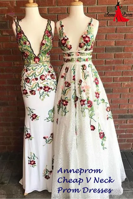 Anneprom Cheap V Neck Prom Dresses with Sleeveless, Floor Length Formal Dress with Appliques APP0391