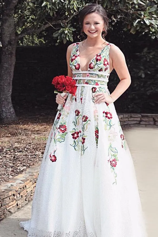 Anneprom Cheap V Neck Prom Dresses with Sleeveless, Floor Length Formal Dress with Appliques APP0391