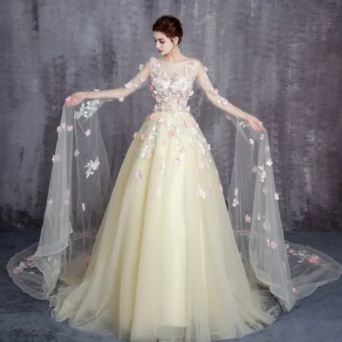 Anneprom Chic A-line Scoop Tulle Modest Applqiue Evening Dress Wedding Dress APW0229