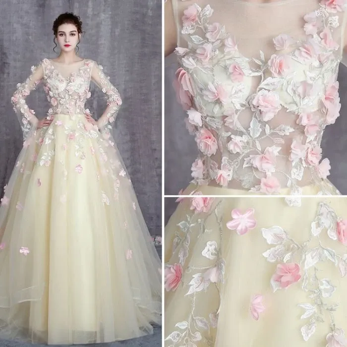 Anneprom Chic A-line Scoop Tulle Modest Applqiue Evening Dress Wedding Dress APW0229
