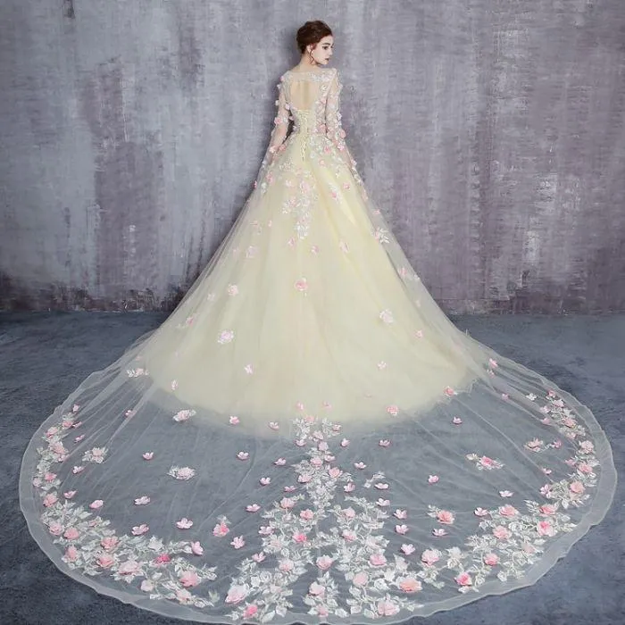 Anneprom Chic A-line Scoop Tulle Modest Applqiue Evening Dress Wedding Dress APW0229
