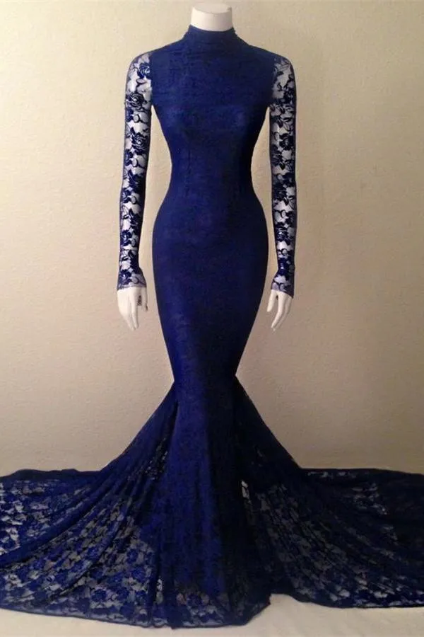 Anneprom Classy Long Sleeves Lace High Neck Sheath Mermaid Prom Dresses APP0456