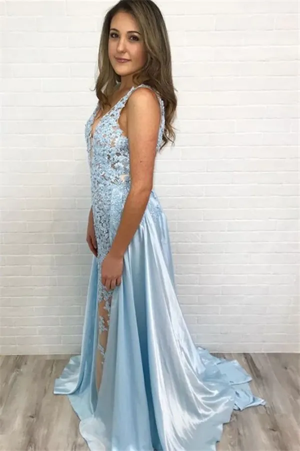 Anneprom Glamorous Blue V Neck Lace Sleeveless Sexy Mermaid Prom Dress Evening Dress APP0549