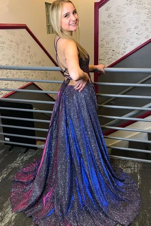 Anneprom Glitter Front Split Long Zipper Back Pretty Prom Dresses Cute Dress APP0382