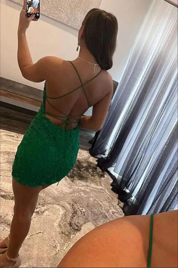 Anneprom Green Sheath Spaghetti Straps Lace Homecoming Dresses, Graduation Dress APH0202