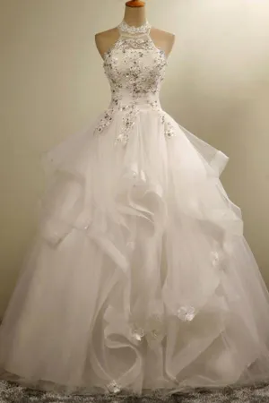Anneprom Halter Neck Lace-Up Ball Gown Floor-Length Beaded Lace Wedding Dress APW0143