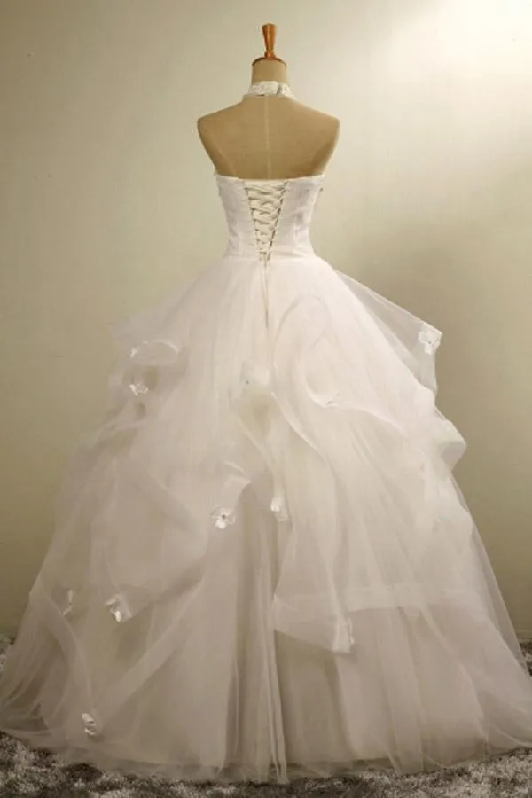 Anneprom Halter Neck Lace-Up Ball Gown Floor-Length Beaded Lace Wedding Dress APW0143