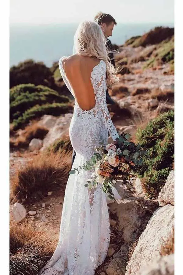Anneprom Lace Rustic Wedding Dresses Long Sleeve Mermaid Wedding Dress APW0215