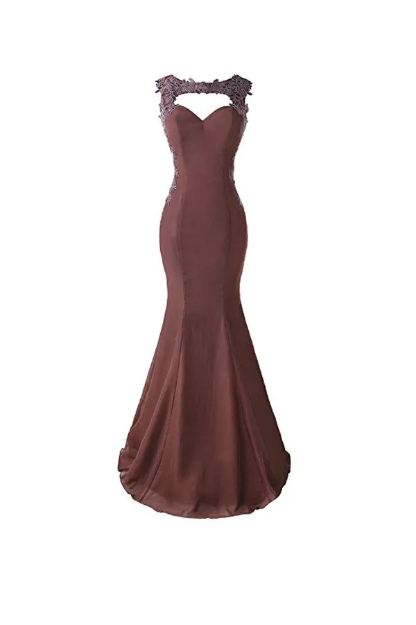 Anneprom Mermaid Prom Dress Lace Appliques Sheer Back Bridesmaid Dress APB0059