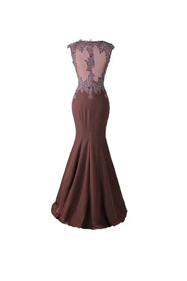 Anneprom Mermaid Prom Dress Lace Appliques Sheer Back Bridesmaid Dress APB0059