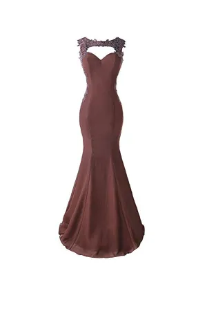 Anneprom Mermaid Prom Dress Lace Appliques Sheer Back Bridesmaid Dress APB0059