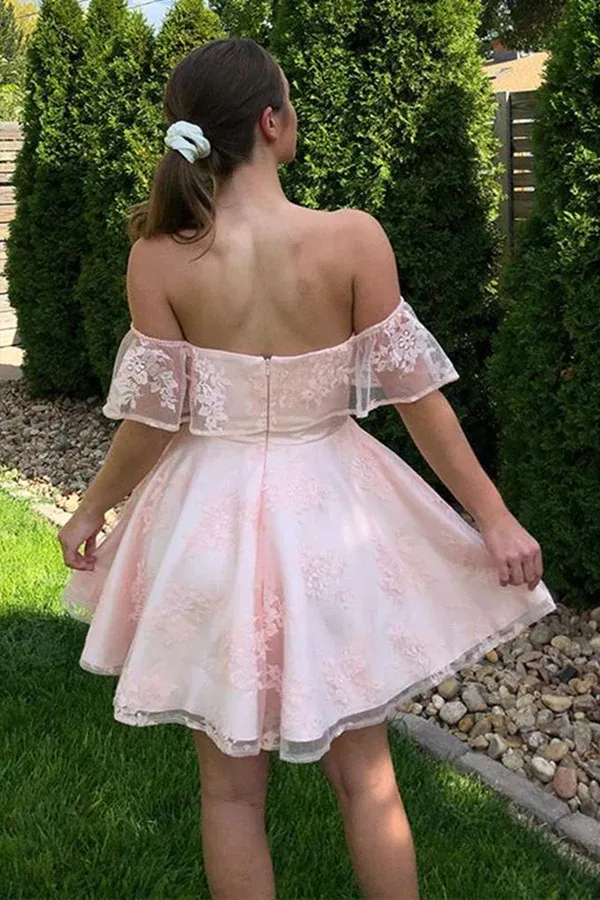 Anneprom Off The Shoulder Short Pink Lace Prom Dresses Homecoming Dresses APH0171