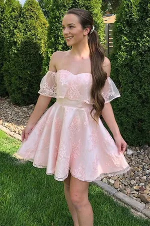 Anneprom Off The Shoulder Short Pink Lace Prom Dresses Homecoming Dresses APH0171
