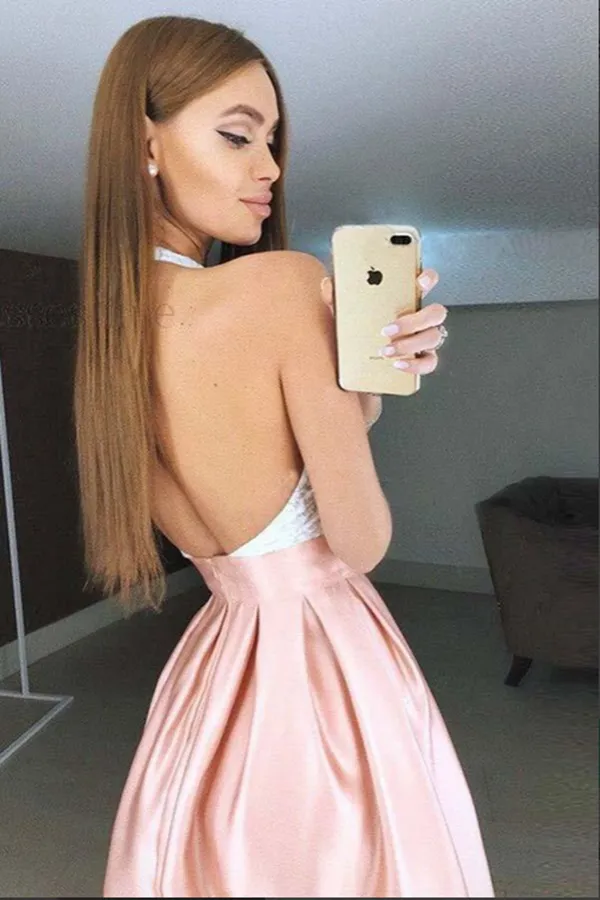 Anneprom Pink Pleated Lace Bodice High Neck Backless Short Homecoming Dresses APH0160