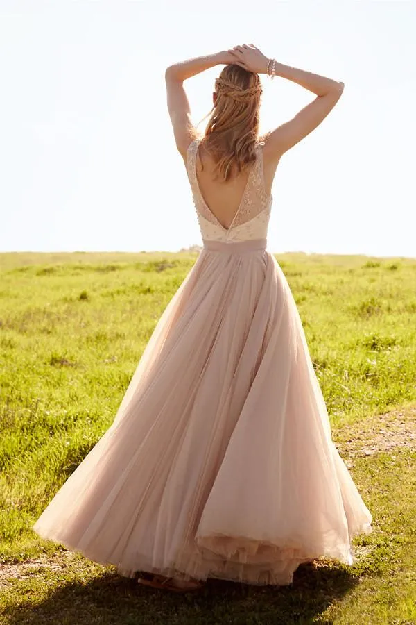 Anneprom Romantic V Neck Blush Pink Lace Wedding Dresses Detachable Skirt Bridal Dresses APW0093
