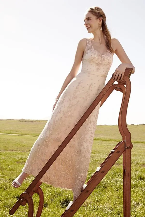Anneprom Romantic V Neck Blush Pink Lace Wedding Dresses Detachable Skirt Bridal Dresses APW0093