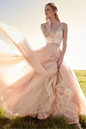 Anneprom Romantic V Neck Blush Pink Lace Wedding Dresses Detachable Skirt Bridal Dresses APW0093