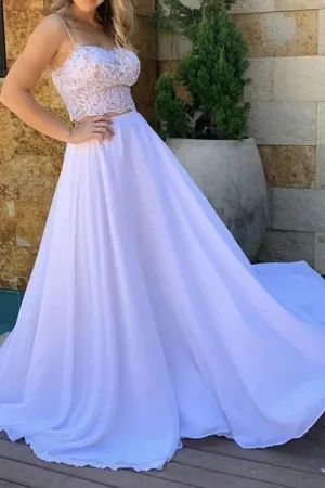 Anneprom Simple Flowy Long Two Pieces Lace Chiffon Beach Wedding Dresses APW0371