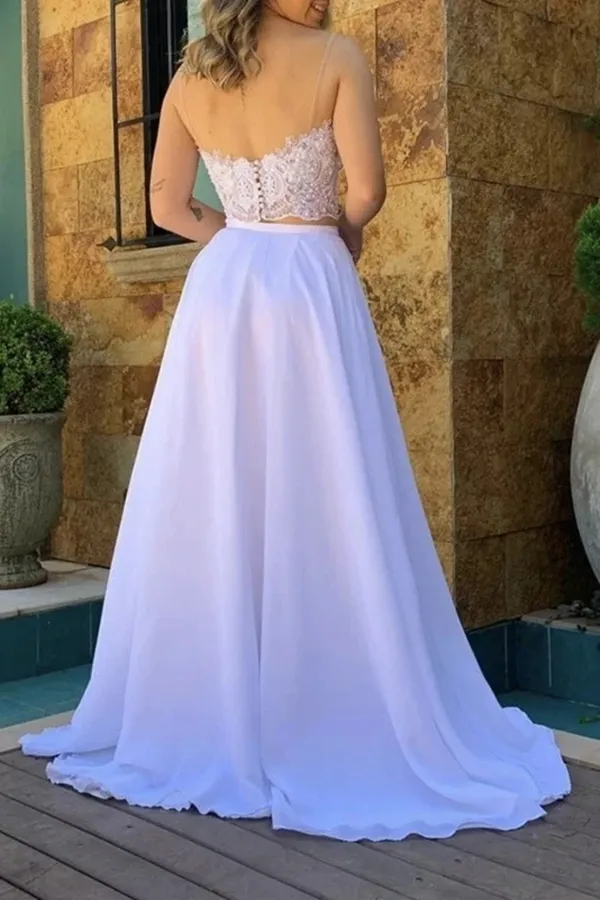 Anneprom Simple Flowy Long Two Pieces Lace Chiffon Beach Wedding Dresses APW0371