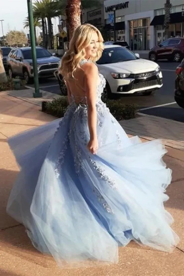 Anneprom Sky Blue A Line Elegant Backless Floral Lace Long Prom Dress APP0631