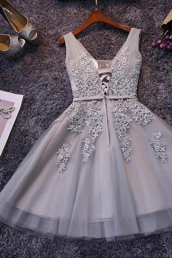 Anneprom Sleeveless Lace-Up Tulle Short Homecoming Dress Lace Appliques APH0018