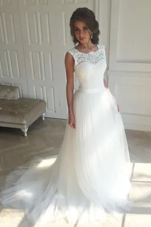 Anneprom Sleeveless Lace White A-Line Sweep Train Wedding Dress APW0102