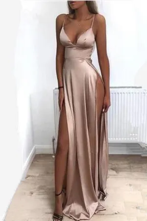 Anneprom Spaghetti Straps Modest Sexy Prom Dresses with Side Split APP0435